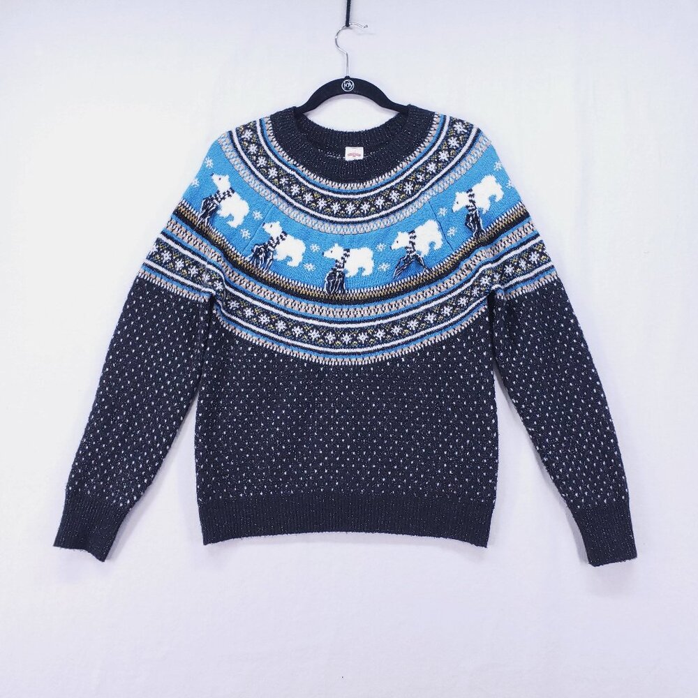 Holiday Time Women Soft Black & Blue Sparkle Polar Bear Ugly Christmas Sweater S